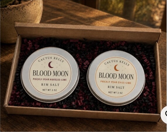 Two Cactus Kelly Blood Moon prickly pear rim salt tins in a gift box