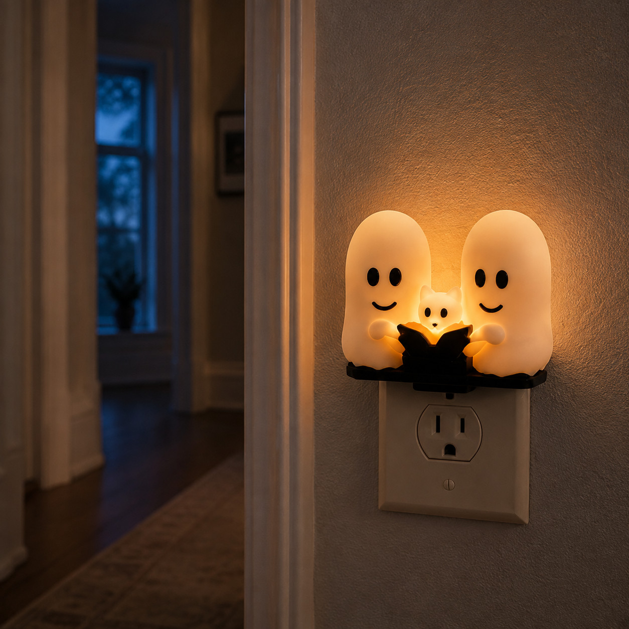 Two softly illuminated ghosts and a cat reading together on a plug-in night light