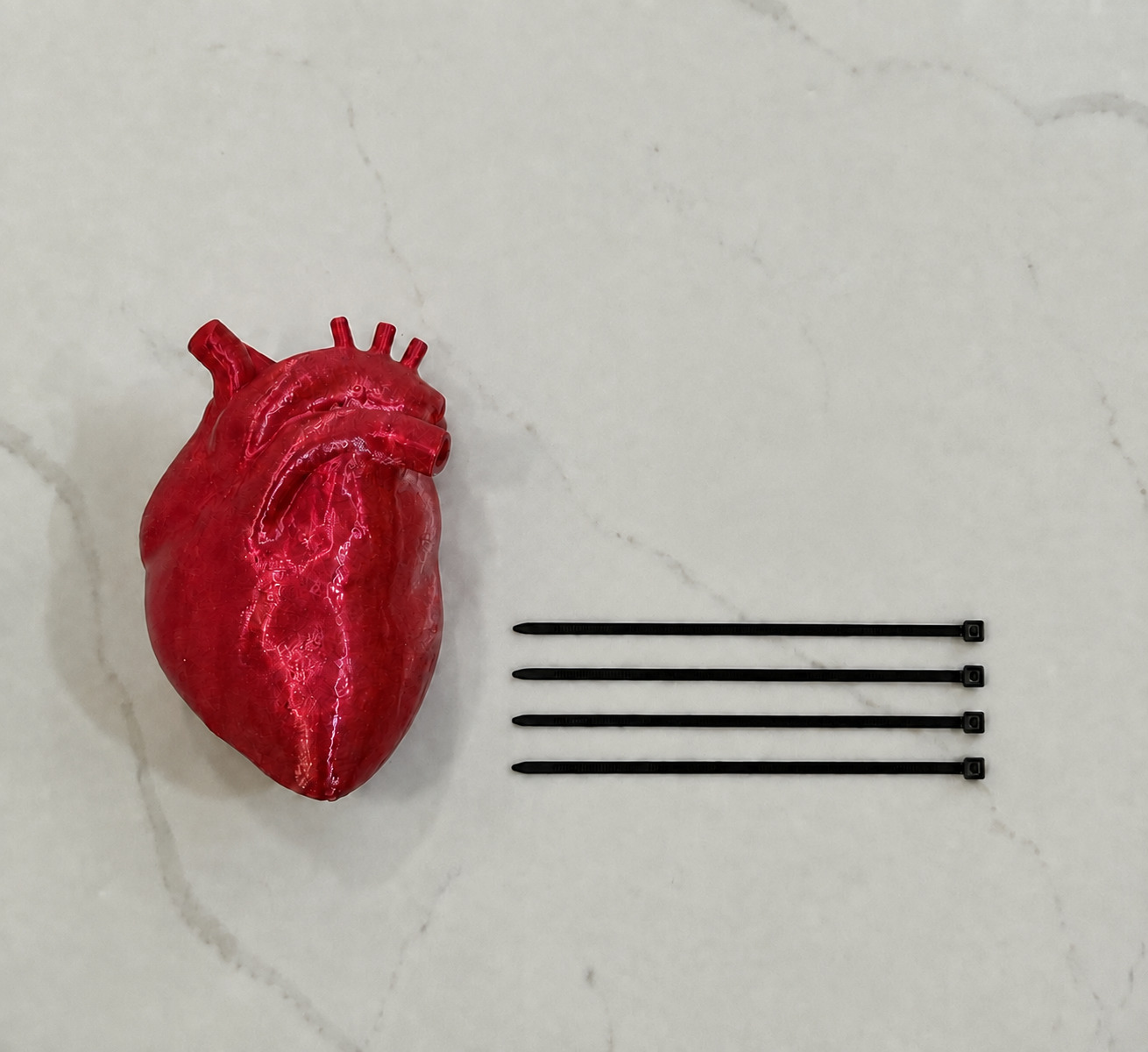 Heart Lite with the four black mounting ties included for securing it to an animatronic, skeleton, prop, frame, or display