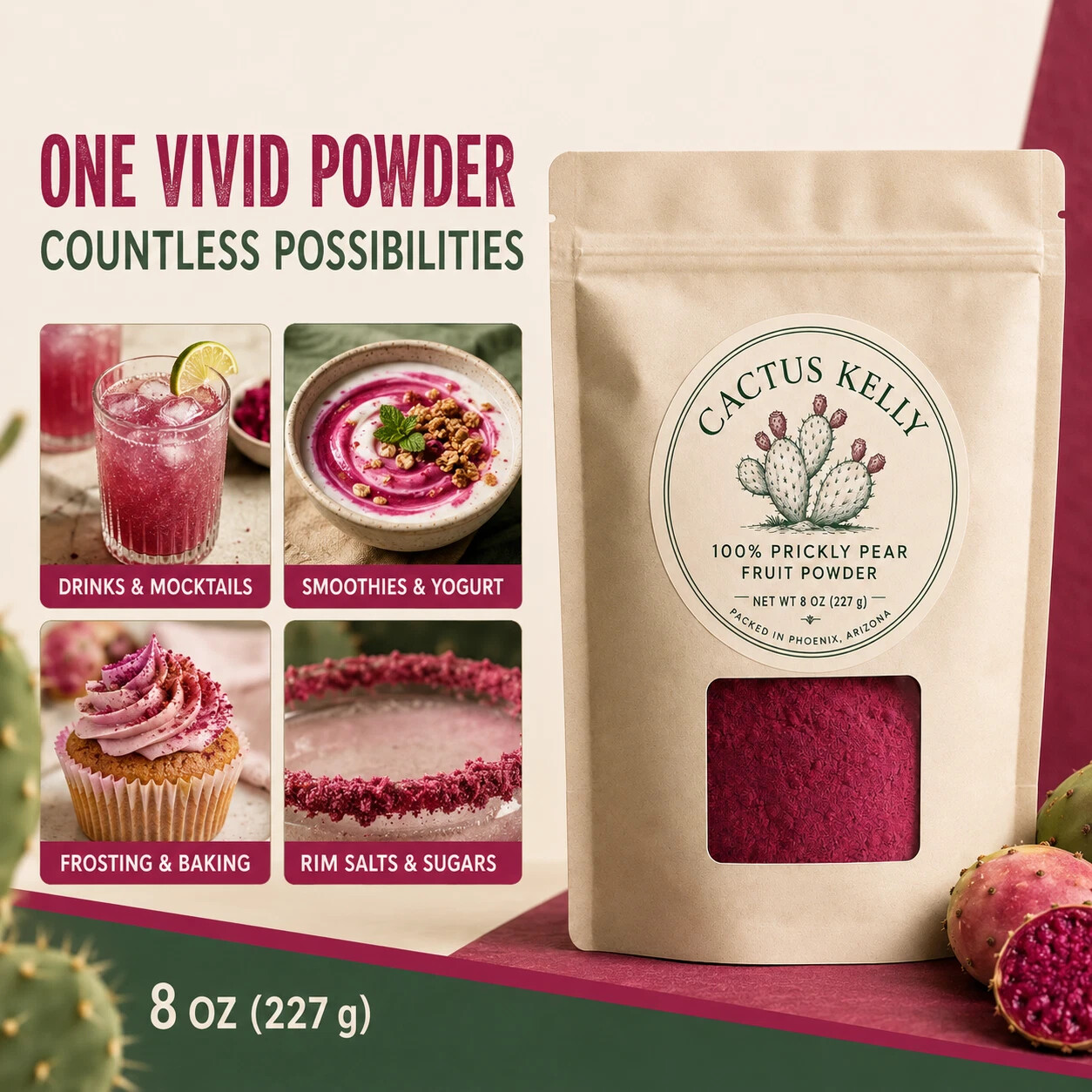 Cactus Kelly eight-ounce pouch of pure prickly pear fruit powder with culinary serving ideas